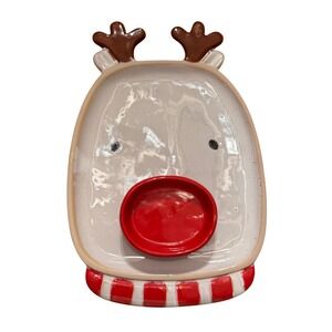 Christmas Holiday Reindeer Ceramic Serving Tray and Dipping Bowl Set Festive